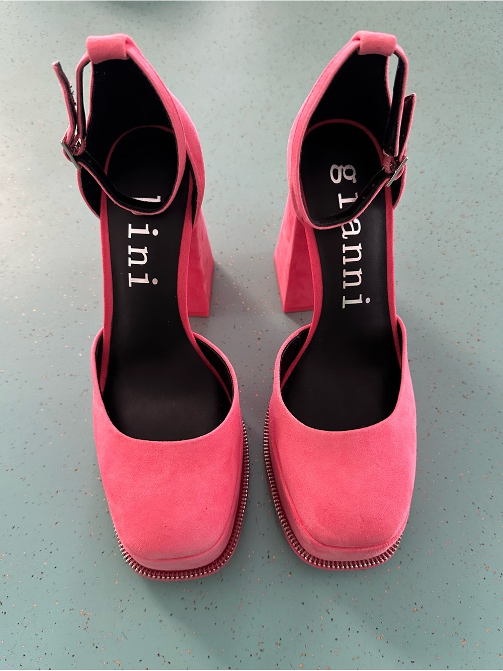 Ganni Hot Pink Suede Block Heel Ankle-Strap Pumps